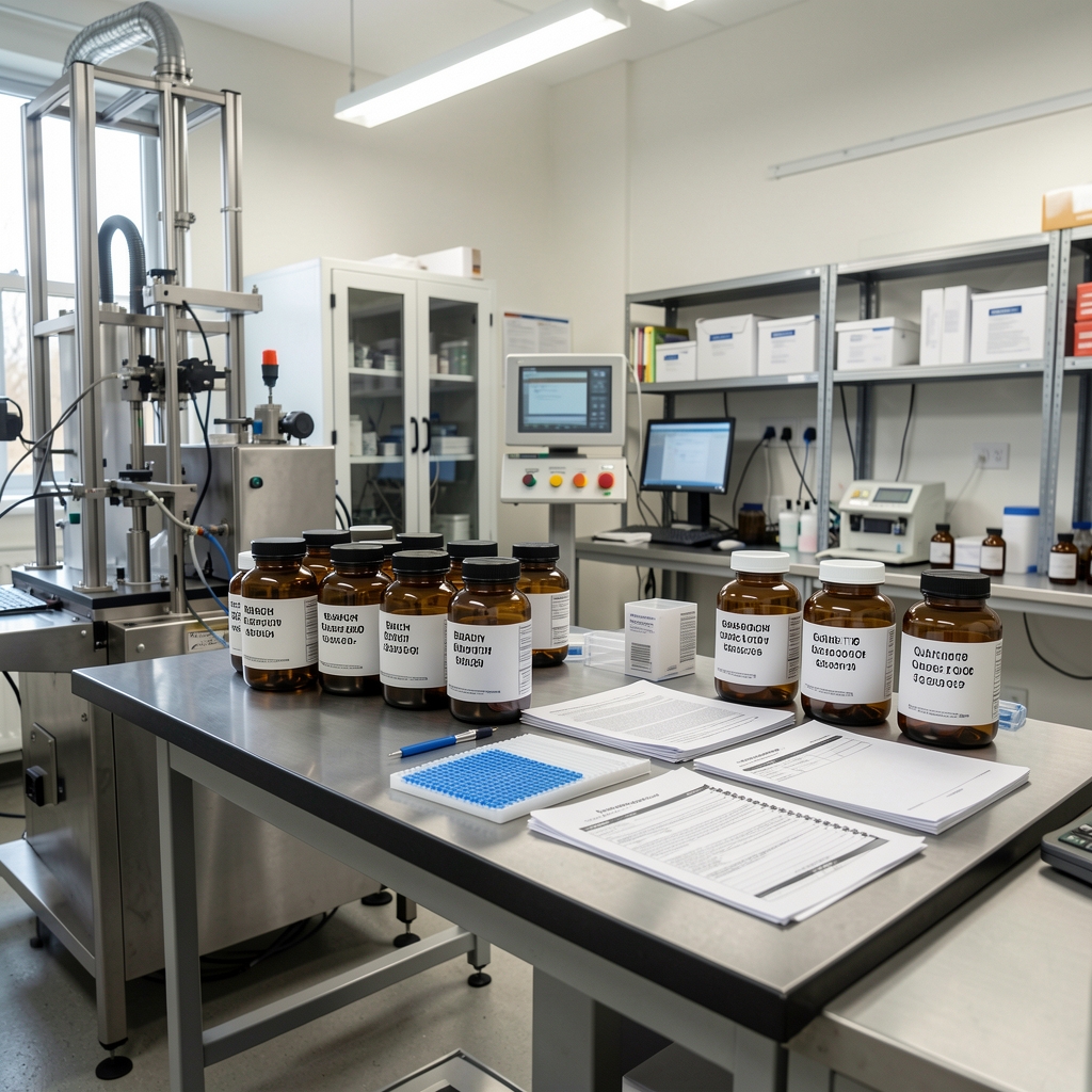 Interior view of the Erkavo Jakarta supplement production workspace with quality-control bench, batch-coded amber containers, and printed documentation files under studio lighting