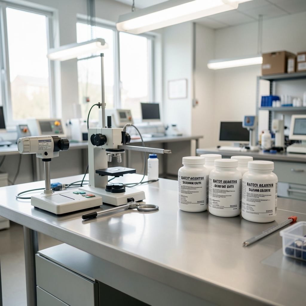Quality-control bench at the Erkavo Jakarta facility showing measuring instruments and batch-coded supplement containers under bright workspace lighting