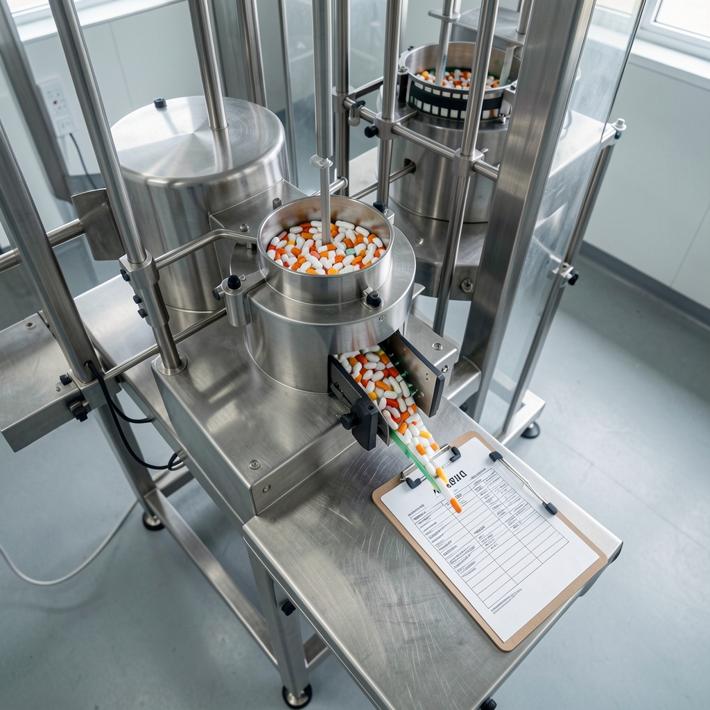 Overhead shot of supplement capsule filling equipment in a clean production room with stainless steel surfaces and batch documentation clipboard