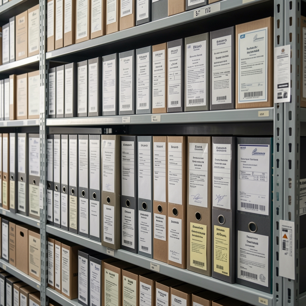 Archive shelf at the Erkavo production facility with rows of labelled lot documentation folders and printed ingredient certificates