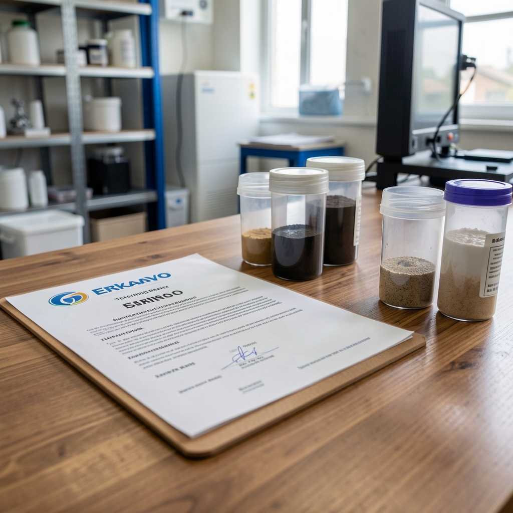 Close-up of incoming ingredient inspection at the Erkavo facility with supplier certificate documents and ingredient sample containers on a wooden table