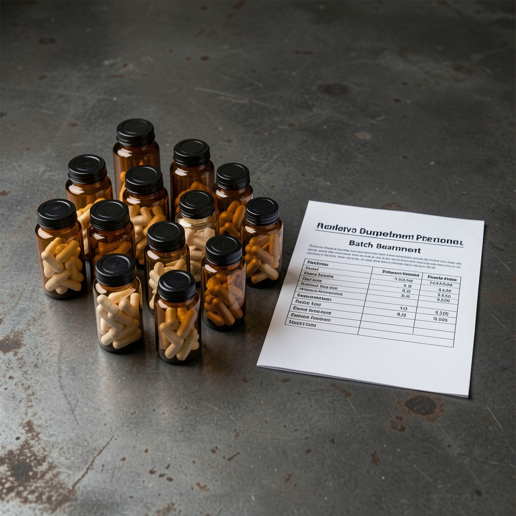 Wide product layout showing daily supplement capsules in amber glass vials arranged on a dark industrial steel surface with printed batch documentation beside them
