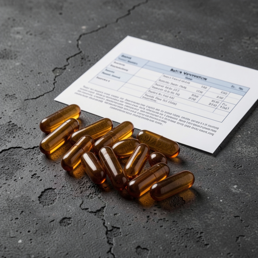 Close-up of amber glass supplement capsules arranged on a dark textured concrete surface with a printed batch-verification document beside them, photographed under controlled studio lighting