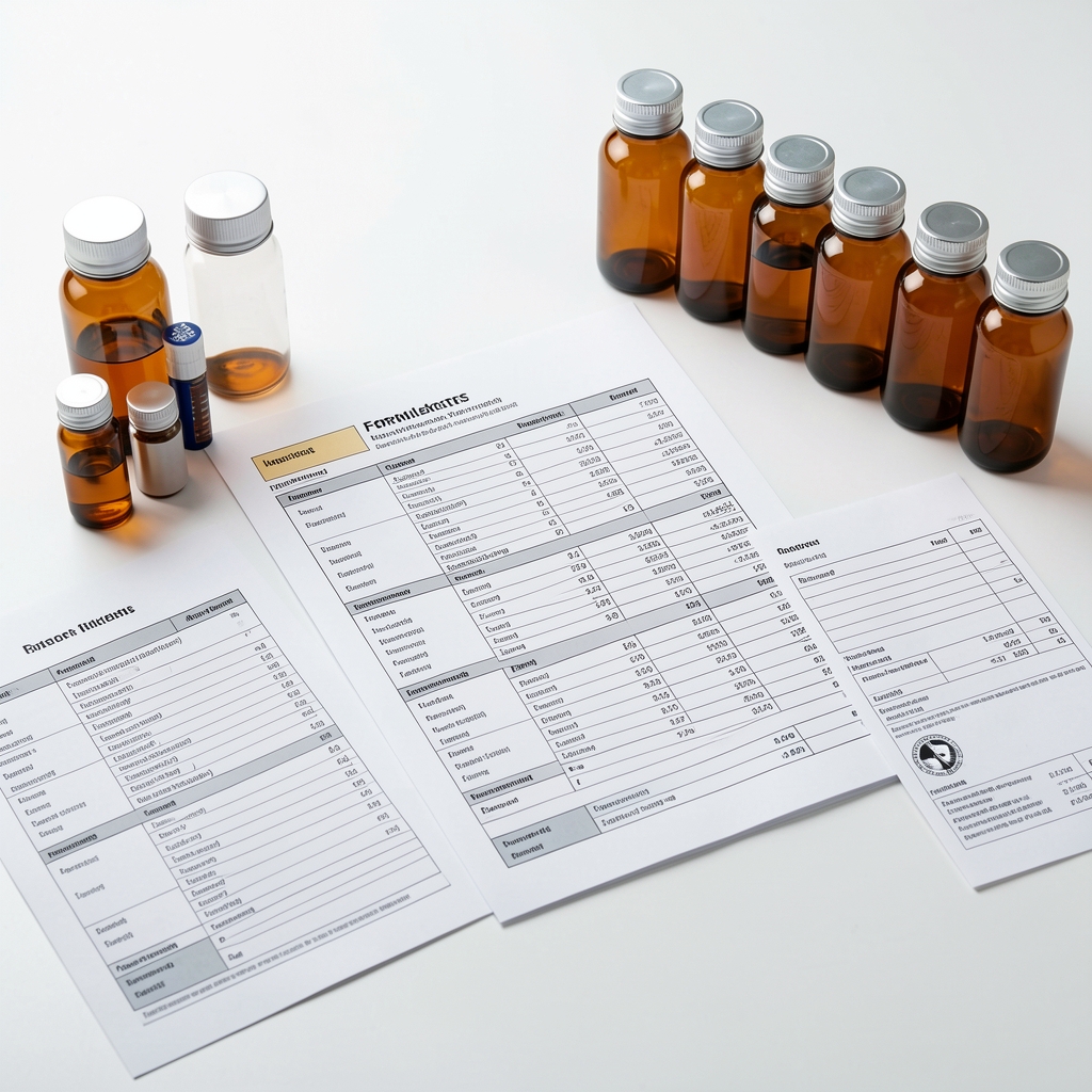 Formulation worksheets and ingredient data sheets arranged on a clean work surface under bright studio lighting with amber glass ingredient vials