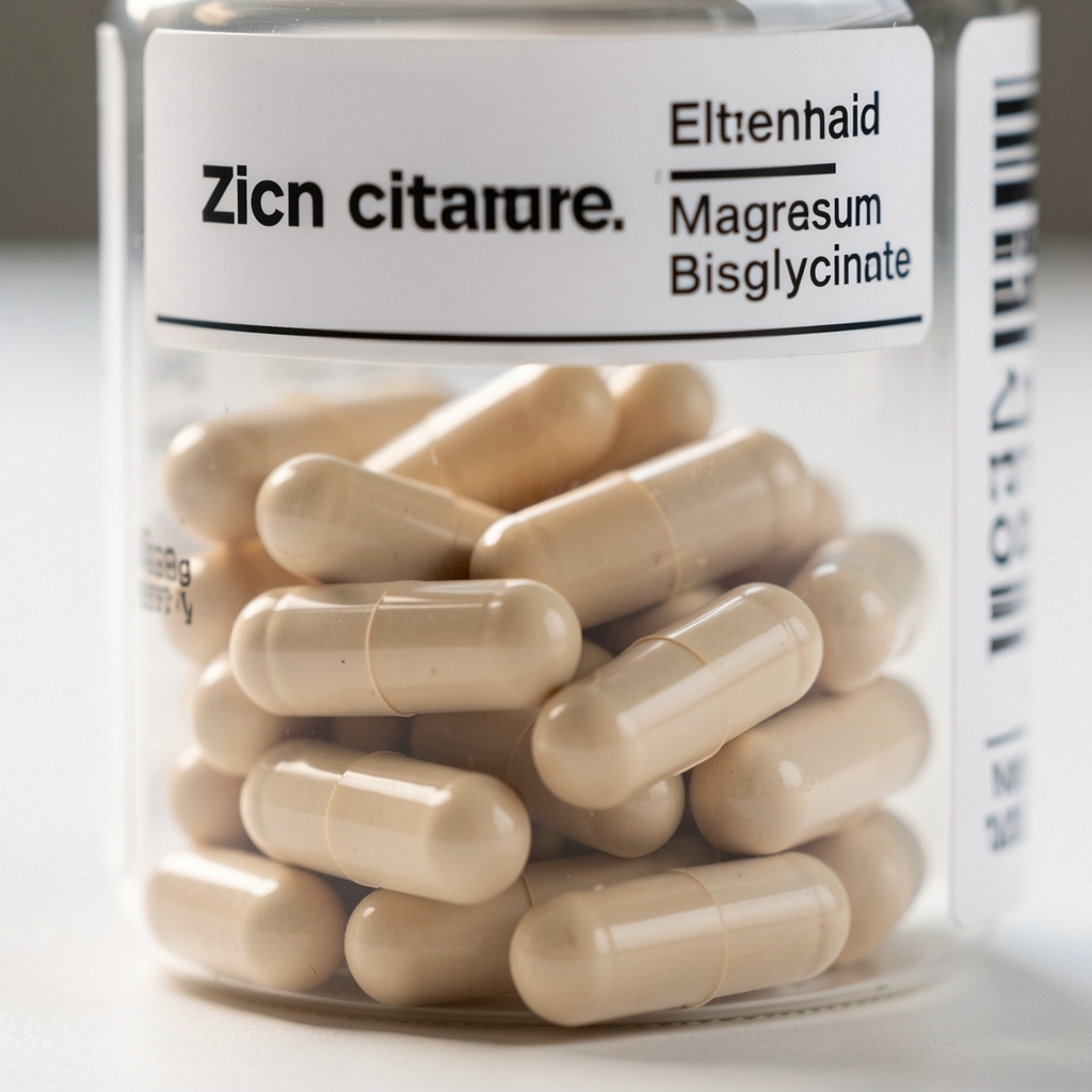 Close-up macro photograph of zinc citrate and magnesium bisglycinate supplement capsules with elemental profile labels visible on the product container
