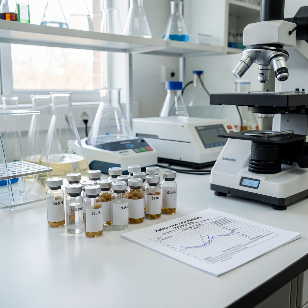 Independent laboratory verification scene showing supplement batch samples in clear vials arranged on a lab bench with testing instruments and printed analysis report