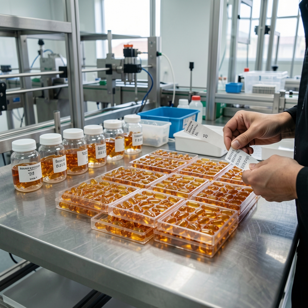 Jakarta production facility encapsulation workspace with rows of filled amber capsule trays on a stainless steel table and lot-coded labels being applied to containers
